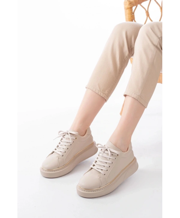 RS-2435 Bej Roze Bağcıklı Dikişli Günlük Spor Ayakkabı