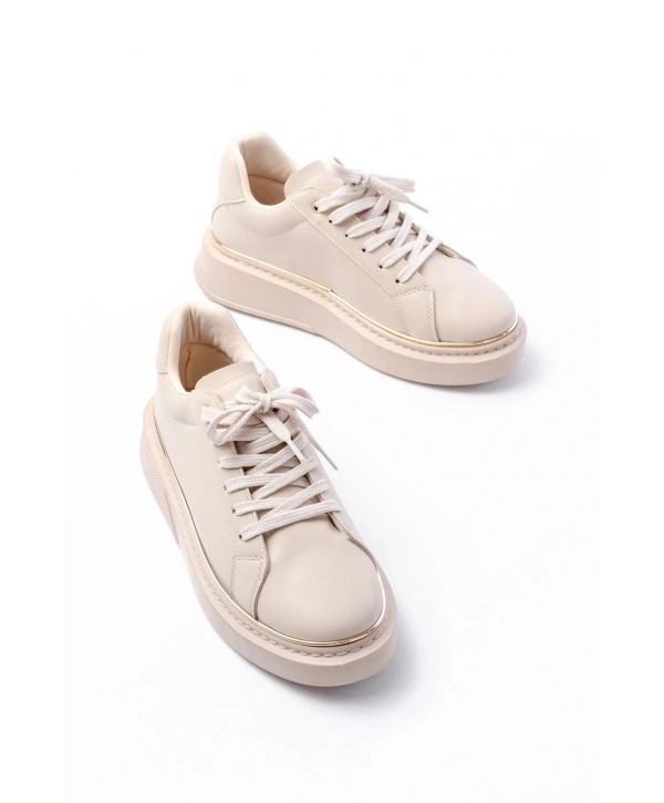 RS-2435 Bej Roze Bağcıklı Dikişli Günlük Spor Ayakkabı