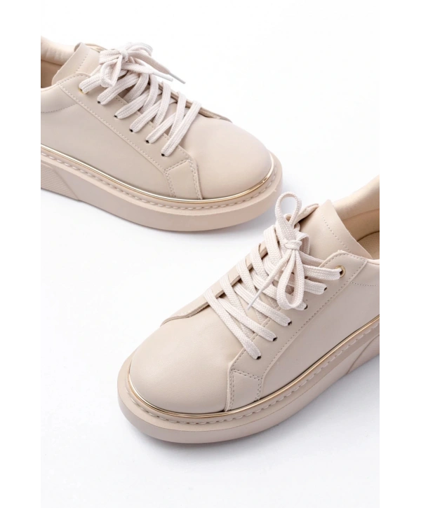 RS-2435 Bej Roze Bağcıklı Dikişli Günlük Spor Ayakkabı