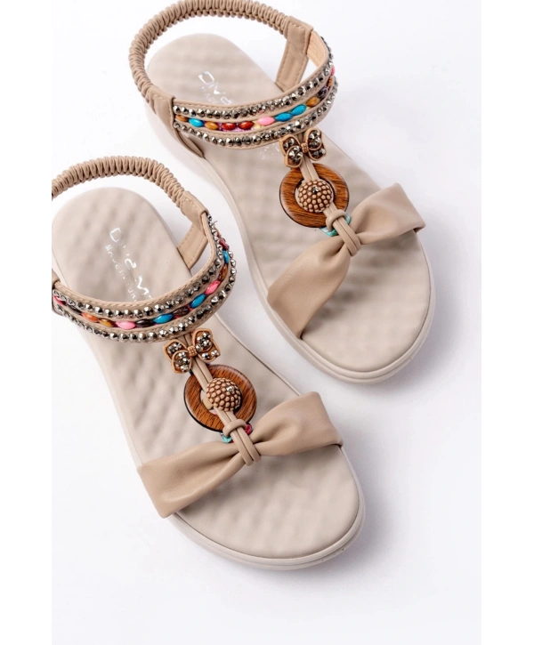 DM-608 Bej Taşlı Arka Lastikli Günlük Kadın Sandalet