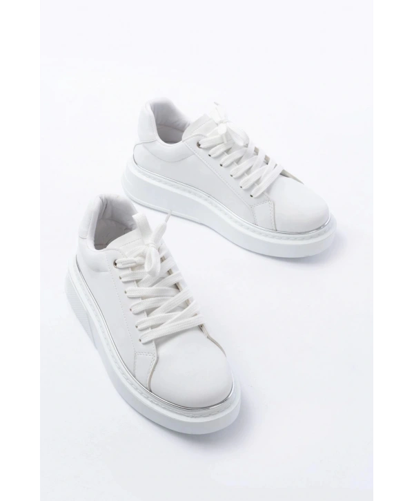 RS-2435 Beyaz Gümüş Bağcıklı Dikişli Günlük Spor Ayakkabı