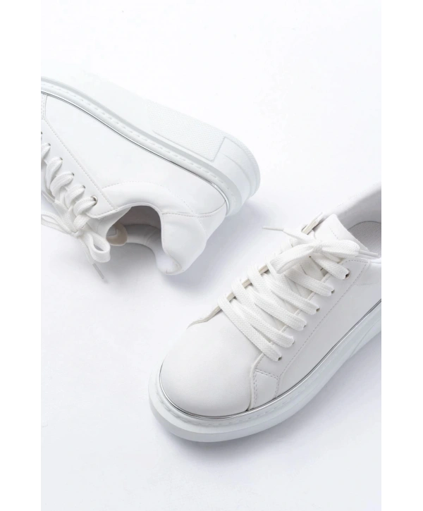 RS-2435 Beyaz Gümüş Bağcıklı Dikişli Günlük Spor Ayakkabı