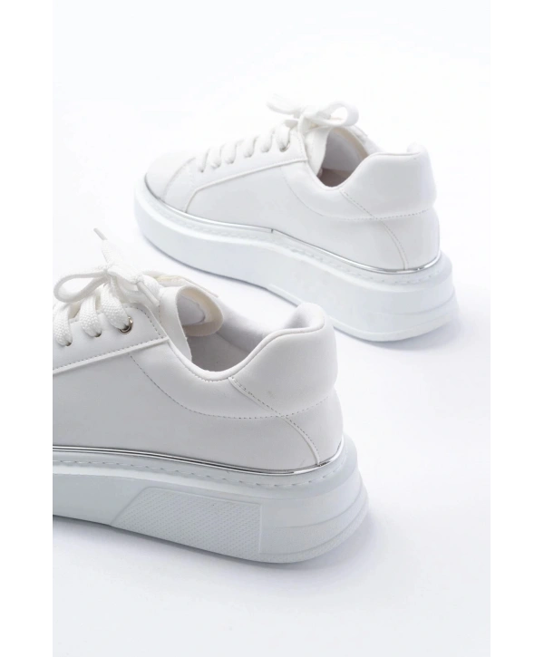RS-2435 Beyaz Gümüş Bağcıklı Dikişli Günlük Spor Ayakkabı