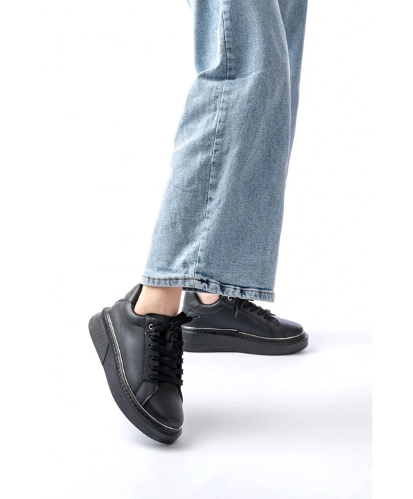 RS-2435 Siyah Platin Bağcıklı Dikişli Günlük Spor Ayakkabı