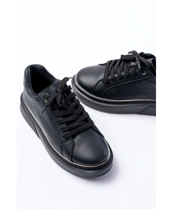 RS-2435 Siyah Platin Bağcıklı Dikişli Günlük Spor Ayakkabı