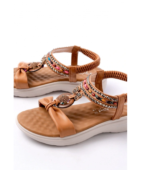 DM-608 Taba Taşlı Arka Lastikli Günlük Kadın Sandalet
