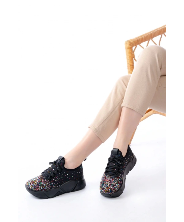 RS-403 Siyah Bağcıklı Fileli Multi Taşlı Günlük Kadın Spor