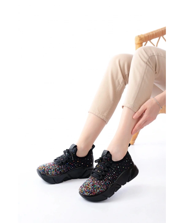 RS-403 Siyah Bağcıklı Fileli Multi Taşlı Günlük Kadın Spor