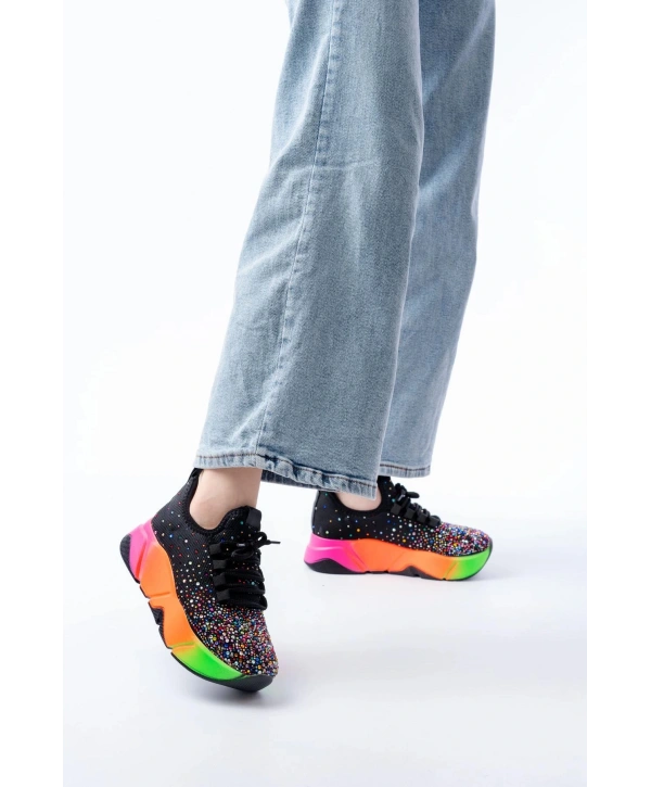 RS-403  Siyah Bağcıklı Fileli Multi Taşlı Renkli Taban Günlük Kadın Spor