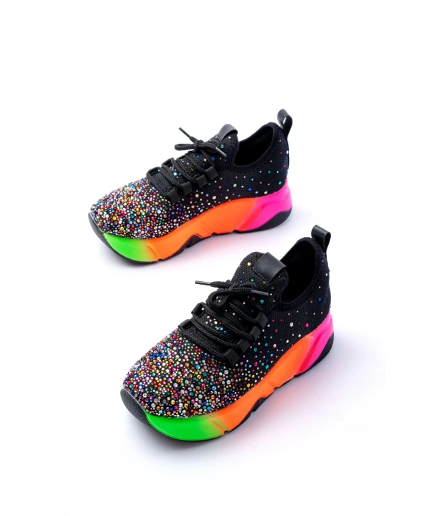RS-403  Siyah Bağcıklı Fileli Multi Taşlı Renkli Taban Günlük Kadın Spor