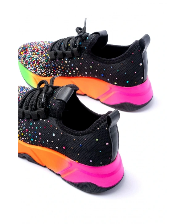 RS-403  Siyah Bağcıklı Fileli Multi Taşlı Renkli Taban Günlük Kadın Spor