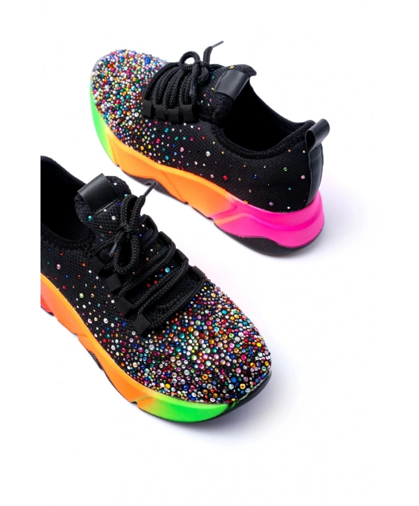 RS-403  Siyah Bağcıklı Fileli Multi Taşlı Renkli Taban Günlük Kadın Spor