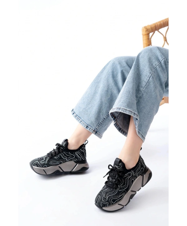 RS-402 Siyah Bağcıklı Fileli Taşlı Platin Taban Günlük Kadın Spor