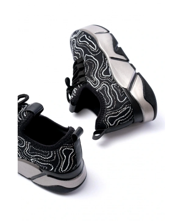 RS-402 Siyah Bağcıklı Fileli Taşlı Platin Taban Günlük Kadın Spor