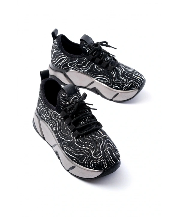 RS-402 Siyah Bağcıklı Fileli Taşlı Platin Taban Günlük Kadın Spor