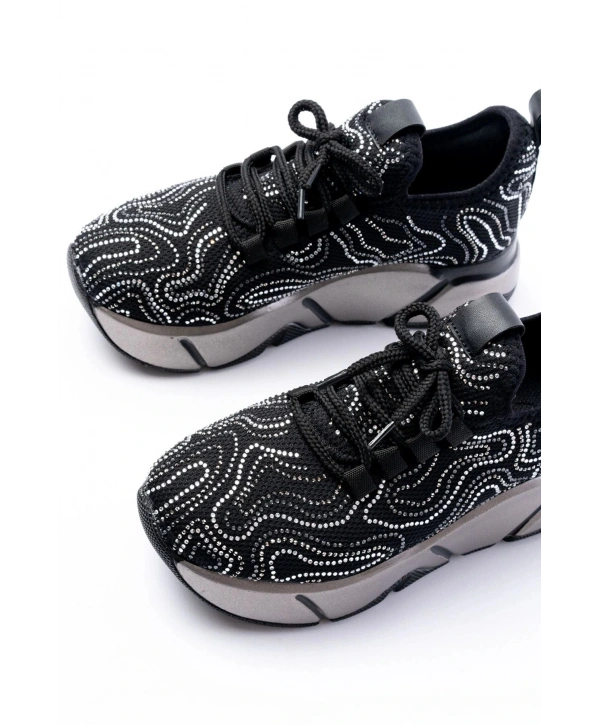 RS-402 Siyah Bağcıklı Fileli Taşlı Platin Taban Günlük Kadın Spor