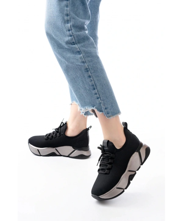 RS-400  Siyah Bağcıklı Fileli Platin Taban Günlük Kadın Spor