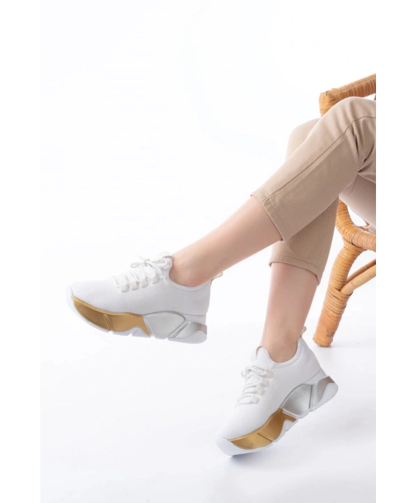 RS-400  Beyaz Bağcıklı Fileli Renkli Taban Günlük Kadın Spor