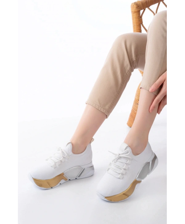 RS-400  Beyaz Bağcıklı Fileli Renkli Taban Günlük Kadın Spor
