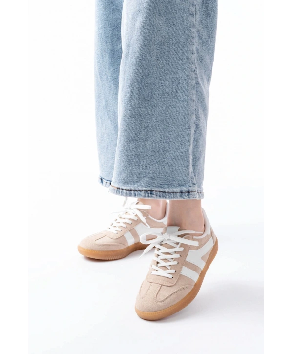 M-1004 Bej Süet Bağcıklı Termo Taban Günlük Kadın Spor