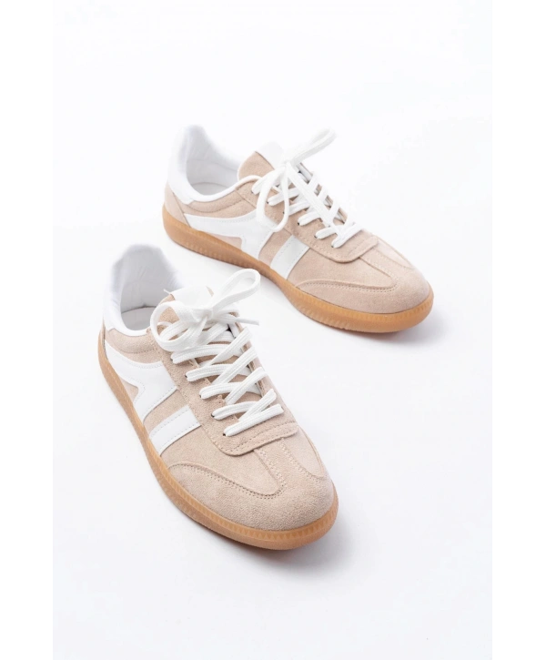 M-1004 Bej Süet Bağcıklı Termo Taban Günlük Kadın Spor