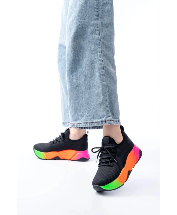 RS-400  Siyah Bağcıklı Fileli Renkli Taban Günlük Kadın Spor