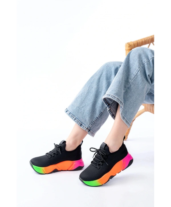 RS-400  Siyah Bağcıklı Fileli Renkli Taban Günlük Kadın Spor