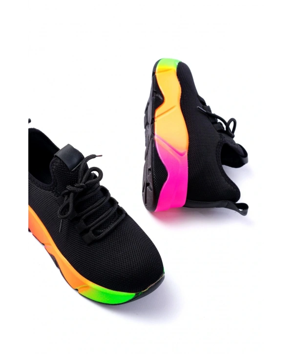 RS-400  Siyah Bağcıklı Fileli Renkli Taban Günlük Kadın Spor