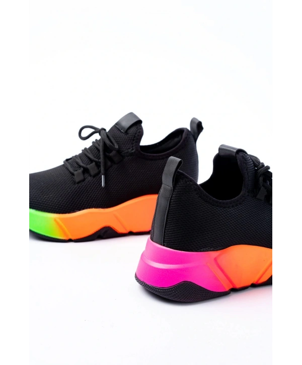 RS-400  Siyah Bağcıklı Fileli Renkli Taban Günlük Kadın Spor