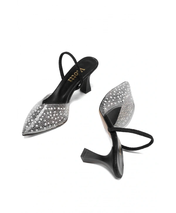 V-1005 Siyah Günlük Arkası Açık Taşlı Topuklu Bayan Ayakkabı