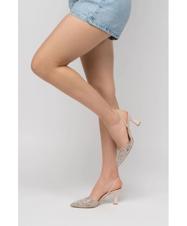 V-1005 Bej Günlük Arkası Açık Taşlı Topuklu Bayan Ayakkabı