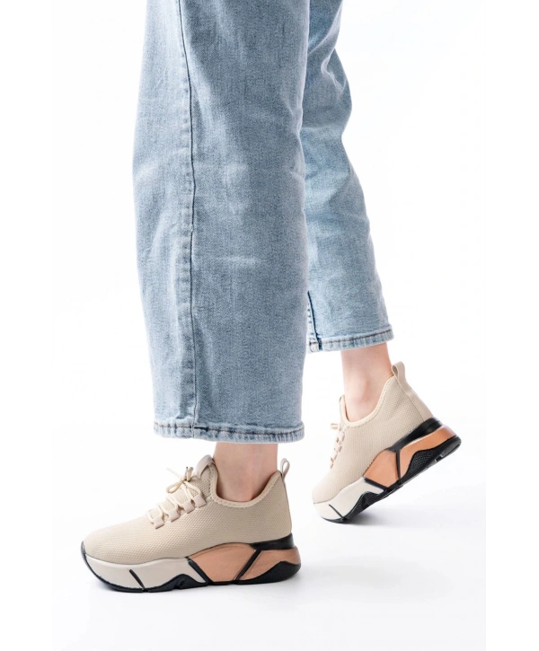 RS-400  Bej Bağcıklı Fileli Renkli Taban Günlük Kadın Spor