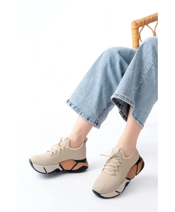 RS-400  Bej Bağcıklı Fileli Renkli Taban Günlük Kadın Spor