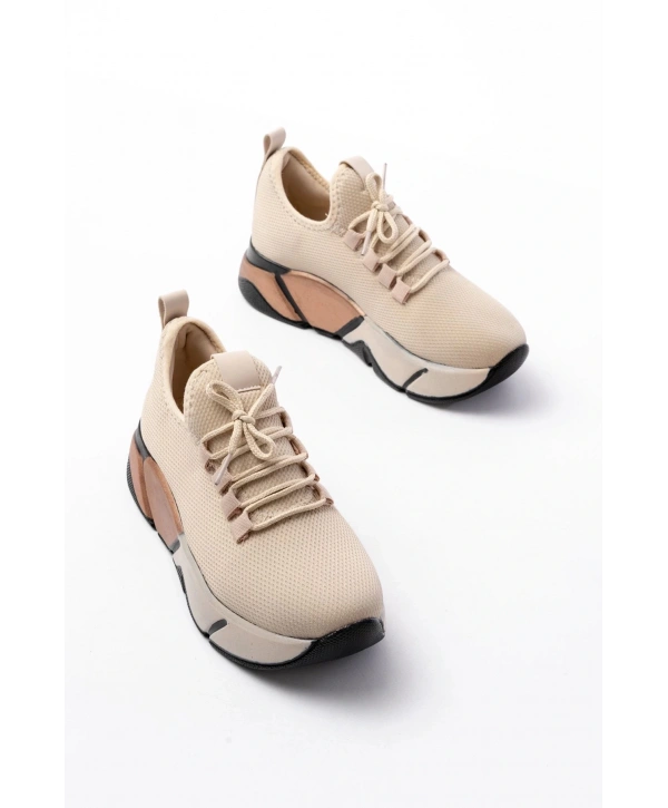 RS-400  Bej Bağcıklı Fileli Renkli Taban Günlük Kadın Spor