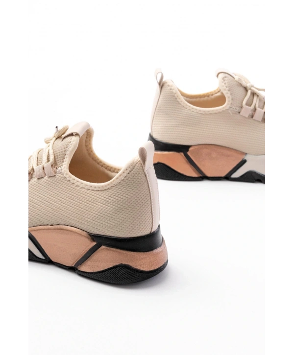 RS-400  Bej Bağcıklı Fileli Renkli Taban Günlük Kadın Spor