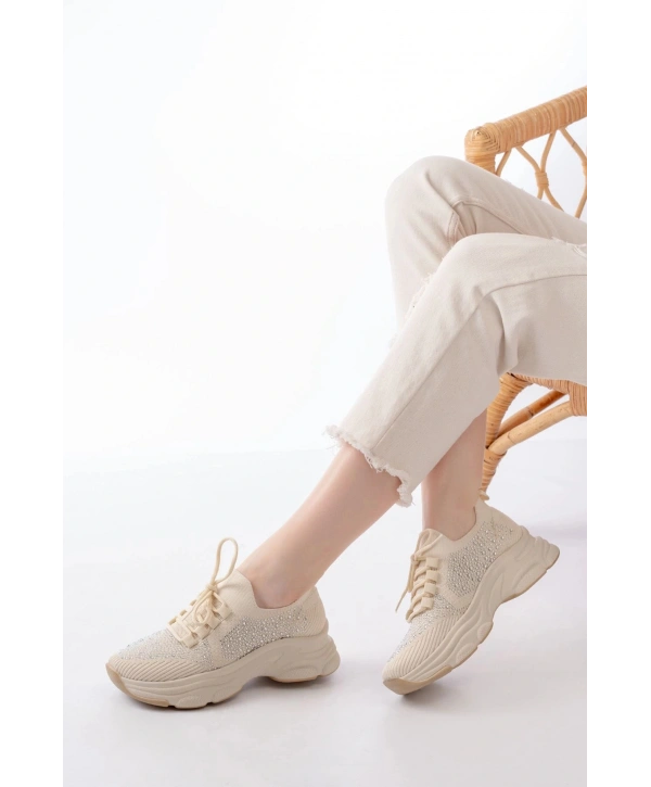 3002  Bej Bağcıklı Fileli Taş Aksesuarlı Günlük Spor Ayakkabı