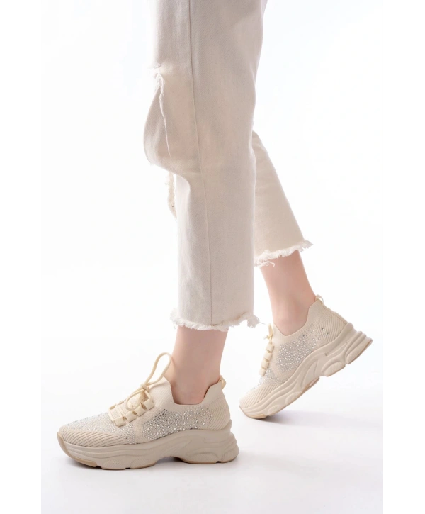 3002  Bej Bağcıklı Fileli Taş Aksesuarlı Günlük Spor Ayakkabı