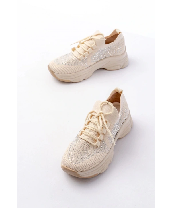 3002  Bej Bağcıklı Fileli Taş Aksesuarlı Günlük Spor Ayakkabı