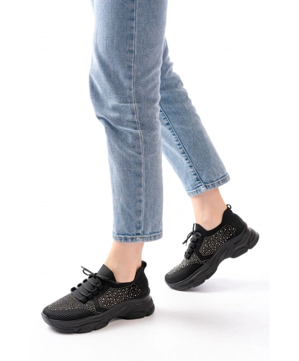 3002  Siyah Bağcıklı Fileli Taş Aksesuarlı Günlük Spor Ayakkabı