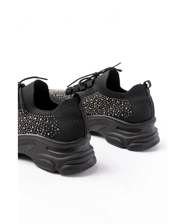 3002  Siyah Bağcıklı Fileli Taş Aksesuarlı Günlük Spor Ayakkabı