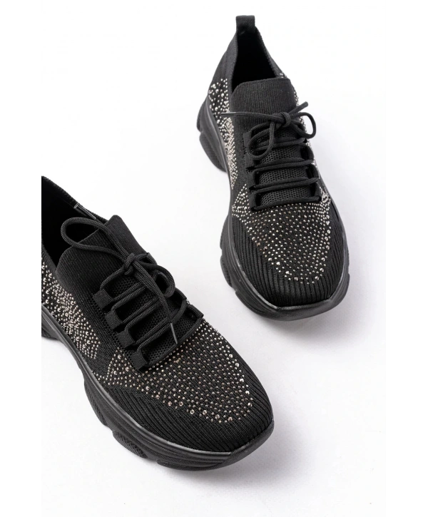 3002  Siyah Bağcıklı Fileli Taş Aksesuarlı Günlük Spor Ayakkabı