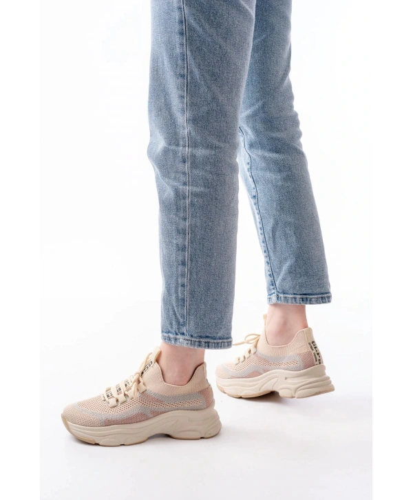 3001  Bej Bağcıklı Fileli Günlük Spor Ayakkabı