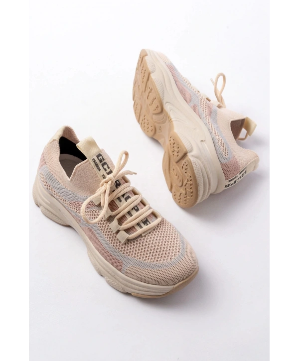 3001  Bej Bağcıklı Fileli Günlük Spor Ayakkabı