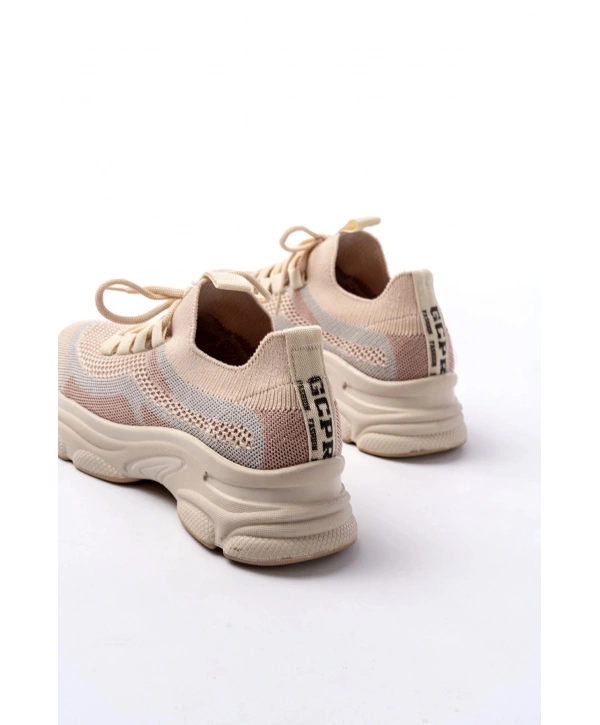 3001  Bej Bağcıklı Fileli Günlük Spor Ayakkabı