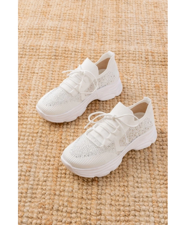 3002  Beyaz Bağcıklı Fileli Taş Aksesuarlı Günlük Spor Ayakkabı