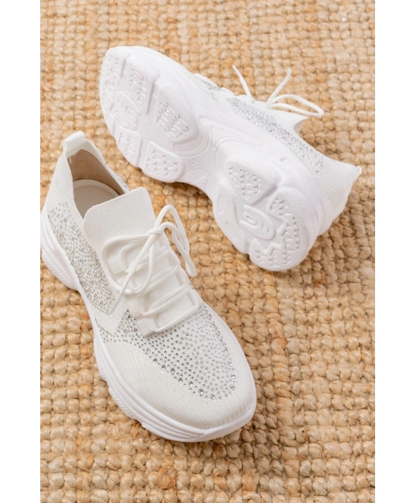 3002  Beyaz Bağcıklı Fileli Taş Aksesuarlı Günlük Spor Ayakkabı