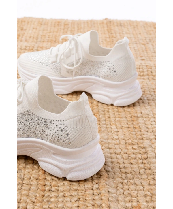 3002  Beyaz Bağcıklı Fileli Taş Aksesuarlı Günlük Spor Ayakkabı