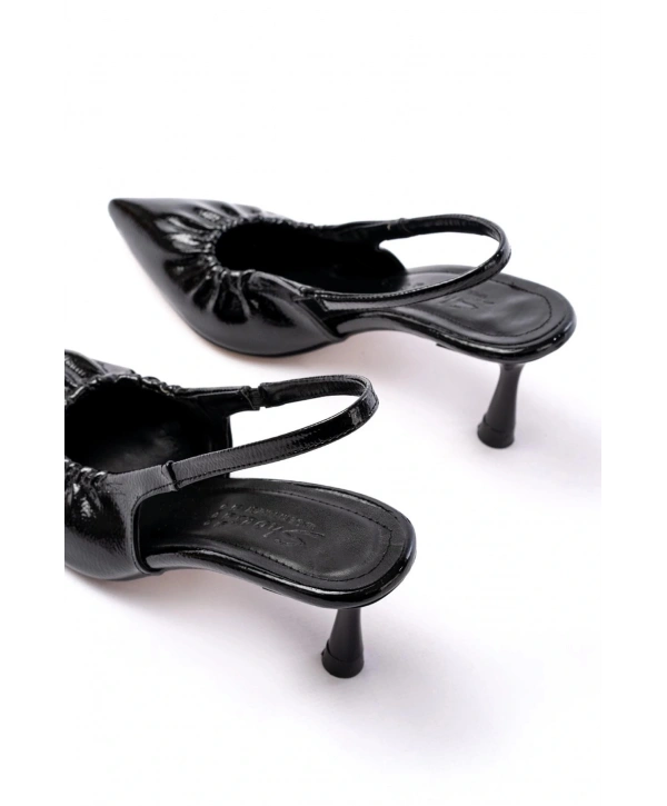 İNF-40451 Siyah Kırışık Rugan Günlük Arkası Açık Topuklu Bayan Ayakkabı