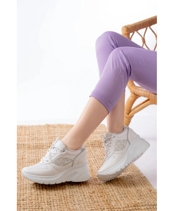 F-185 Beyaz Günlük Bağcıklı Taş Aksesuarlı Yazlık Spor Ayakkabı