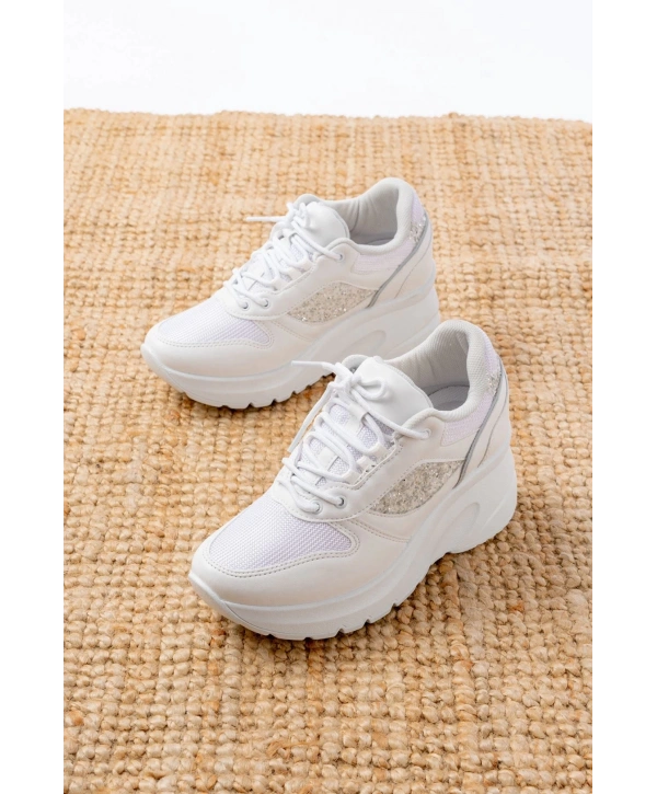 F-185 Beyaz Günlük Bağcıklı Taş Aksesuarlı Yazlık Spor Ayakkabı